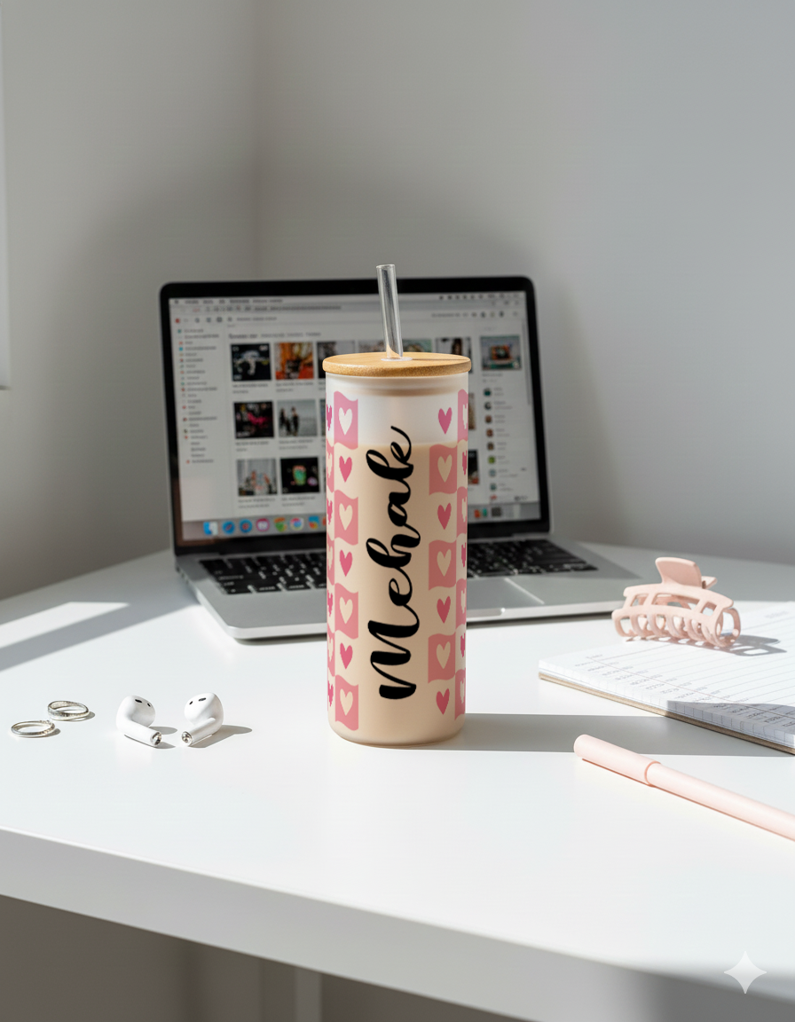 Personalized Frosted Grande Sipper 650 ml |Pink Love Patch Print | Coffee Glass Tumbler with straw and lid 1219 Avenue India