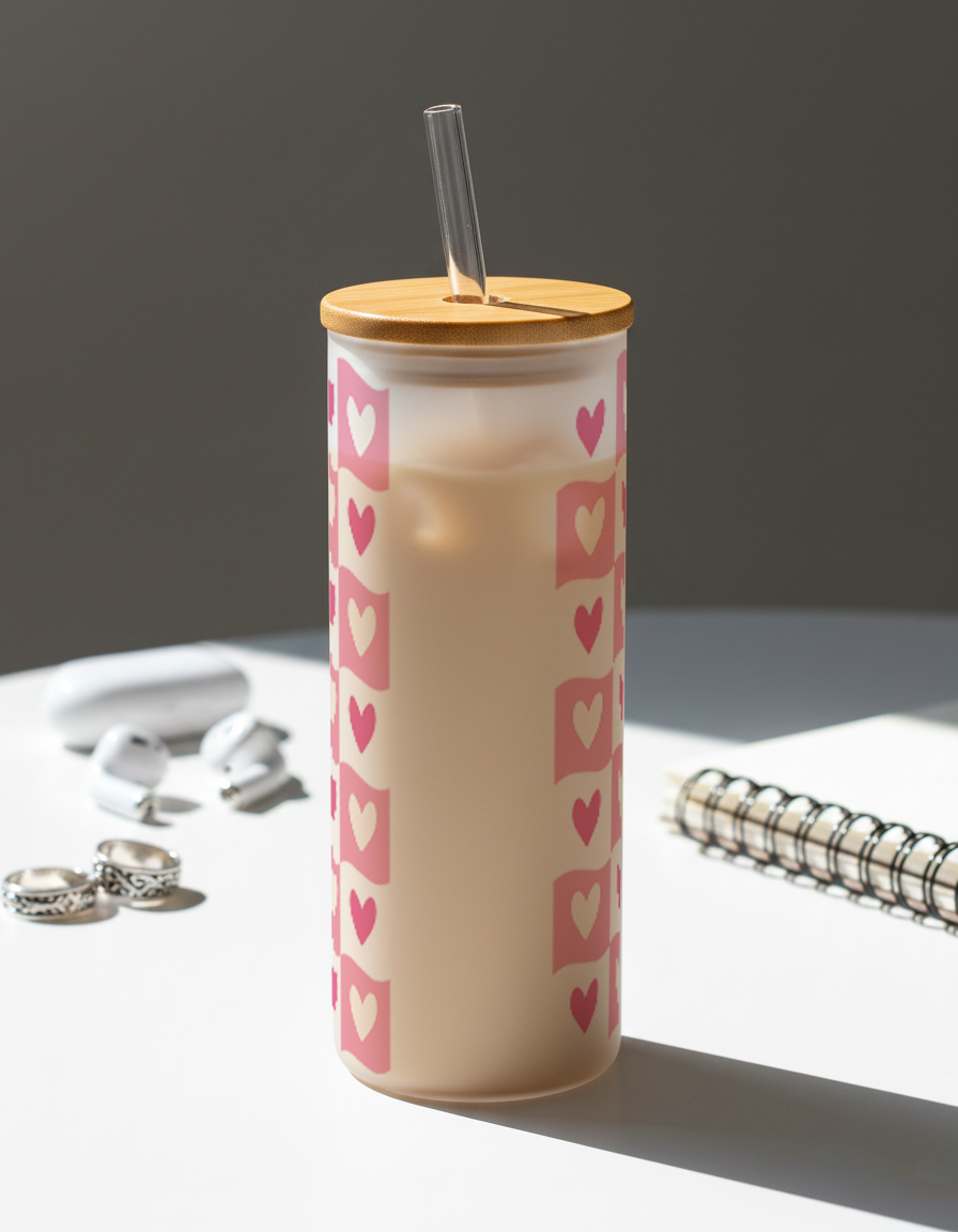 Personalized Frosted Grande Sipper 650 ml |Pink Love Patch Print | Coffee Glass Tumbler with straw and lid 1219 Avenue India
