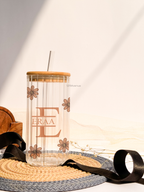 Personalized Frosted Ripple Taille Sippers 500ml|Aesthetic Flower With Name And Initial | Coffee Fluted Glass Tumbler with straw and lid 18oz 1219 Avenue India