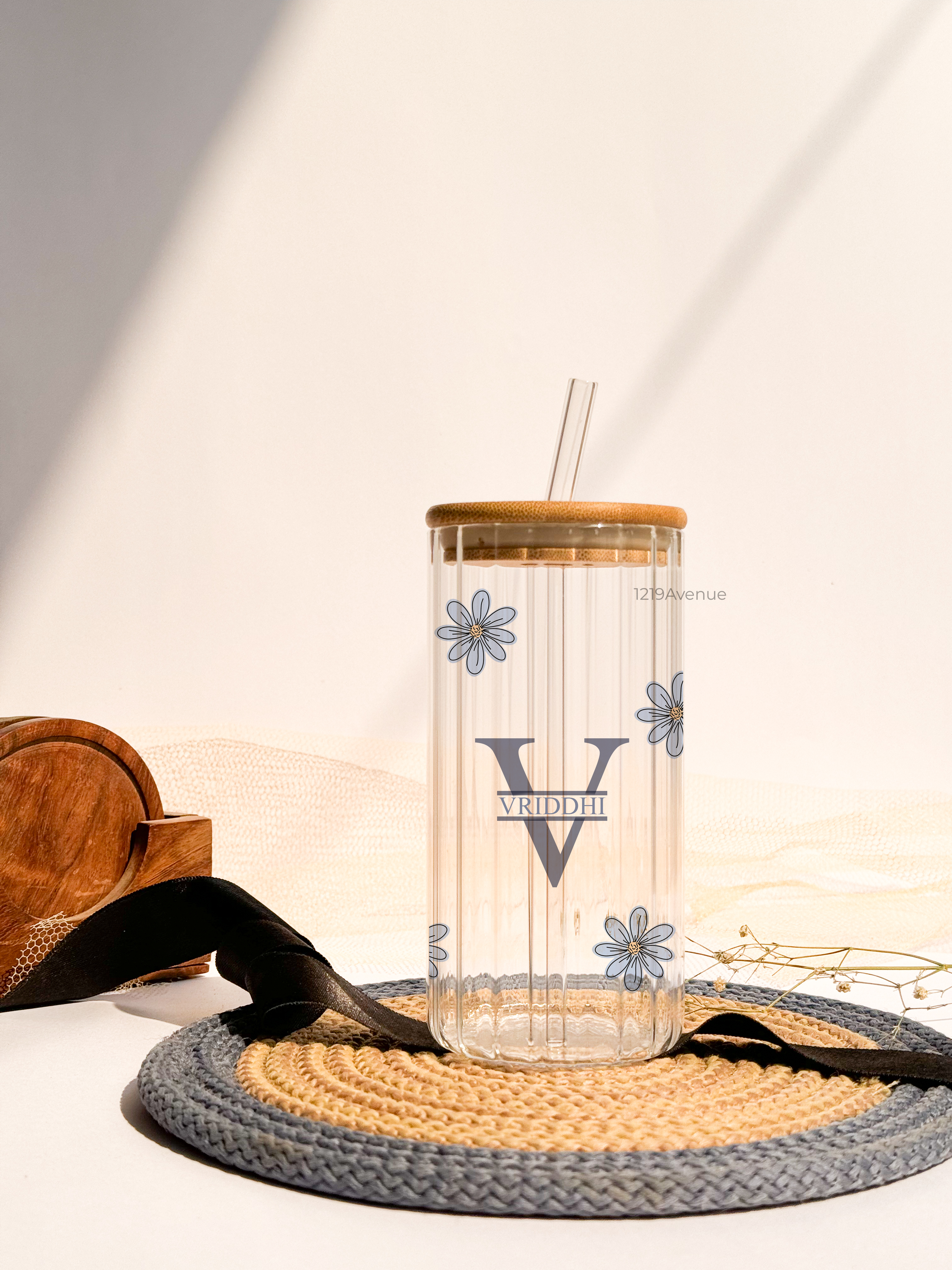 Personalized Frosted Ripple Taille Sippers 500ml|Aesthetic Flower With Name And Initial | Coffee Fluted Glass Tumbler with straw and lid 18oz 1219 Avenue India