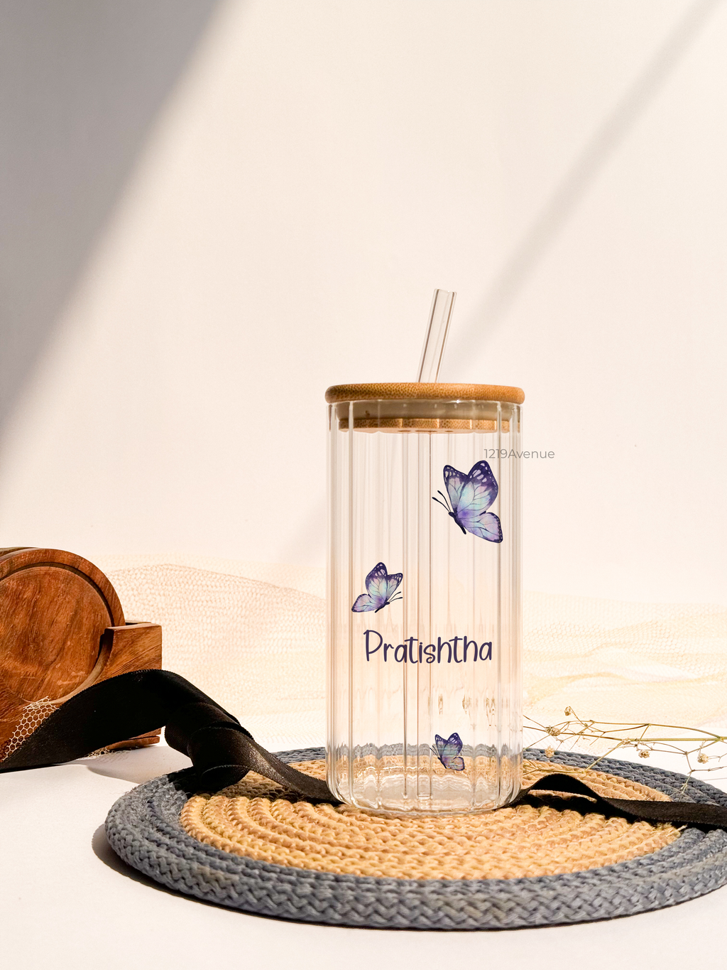 Personalized Frosted Ripple Taille Sippers 500ml|Boho Butterfly With Name | Coffee Fluted Glass Tumbler with straw and lid 18oz 1219 Avenue India