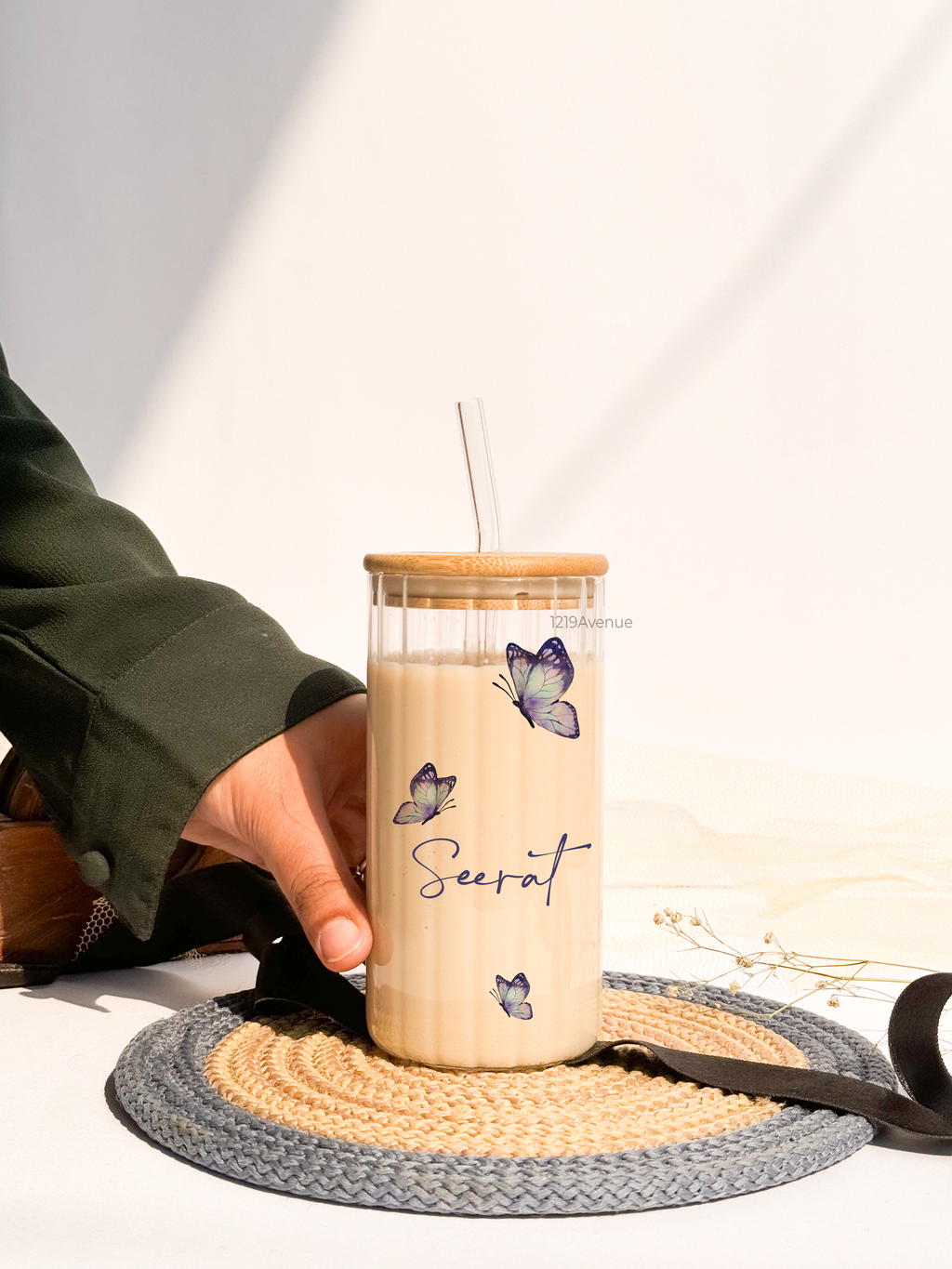 Personalized Frosted Ripple Taille Sippers 500ml|Boho Butterfly With Name | Coffee Fluted Glass Tumbler with straw and lid 18oz 1219 Avenue India