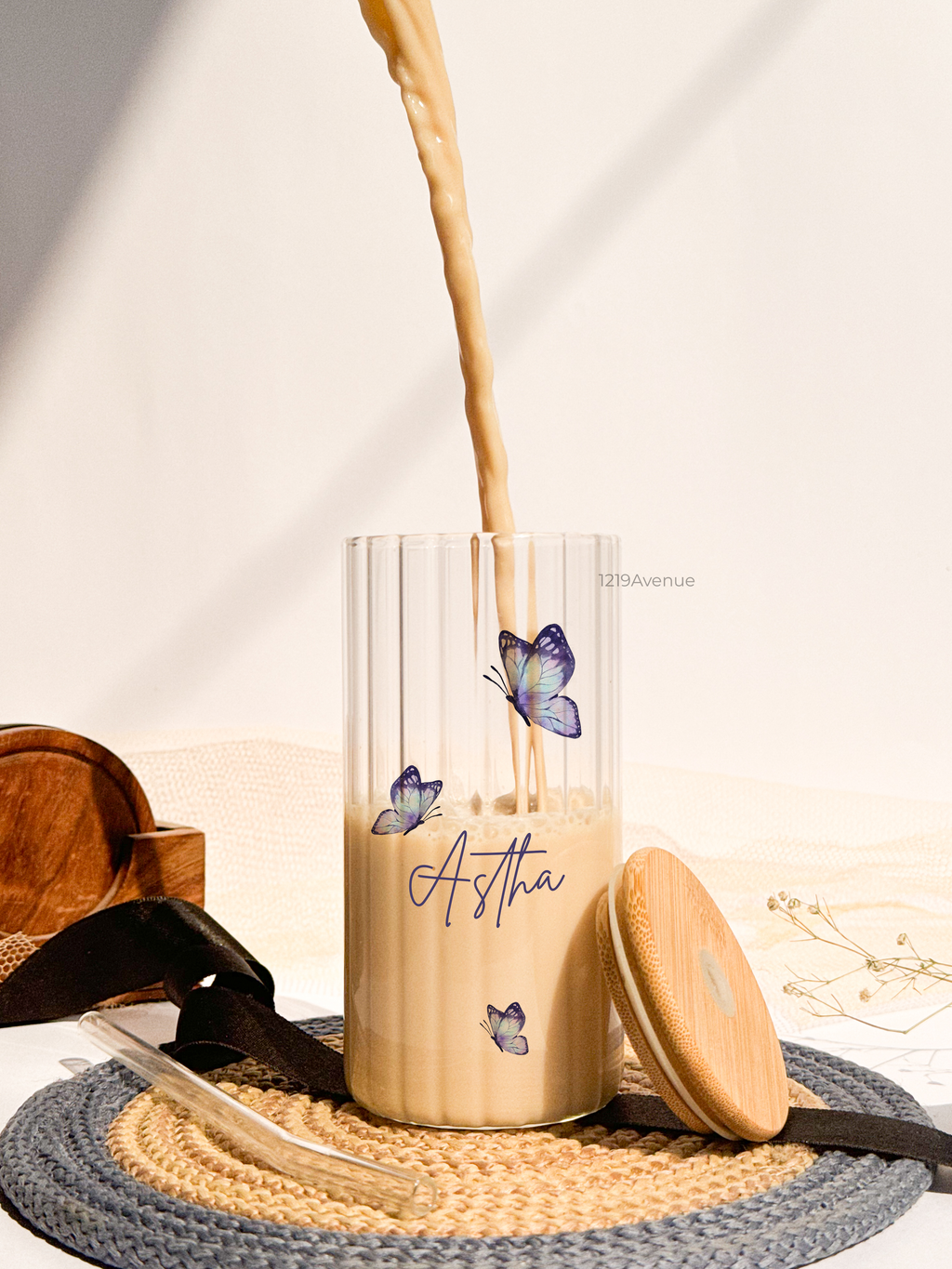 Personalized Frosted Ripple Taille Sippers 500ml|Boho Butterfly With Name | Coffee Fluted Glass Tumbler with straw and lid 18oz 1219 Avenue India