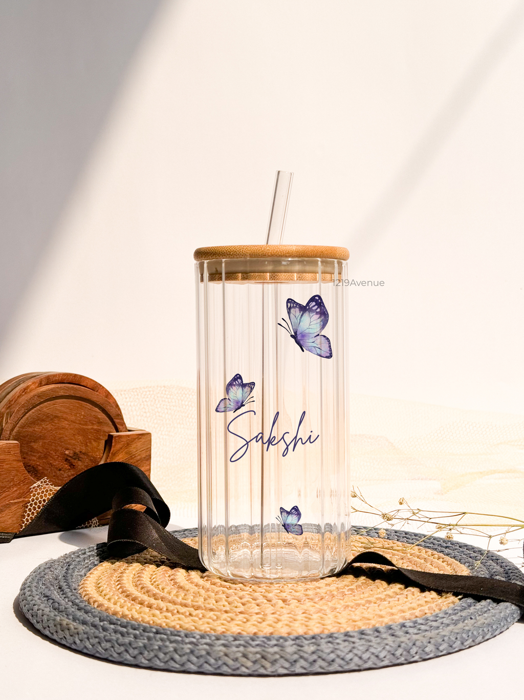 Personalized Frosted Ripple Taille Sippers 500ml|Boho Butterfly With Name | Coffee Fluted Glass Tumbler with straw and lid 18oz 1219 Avenue India