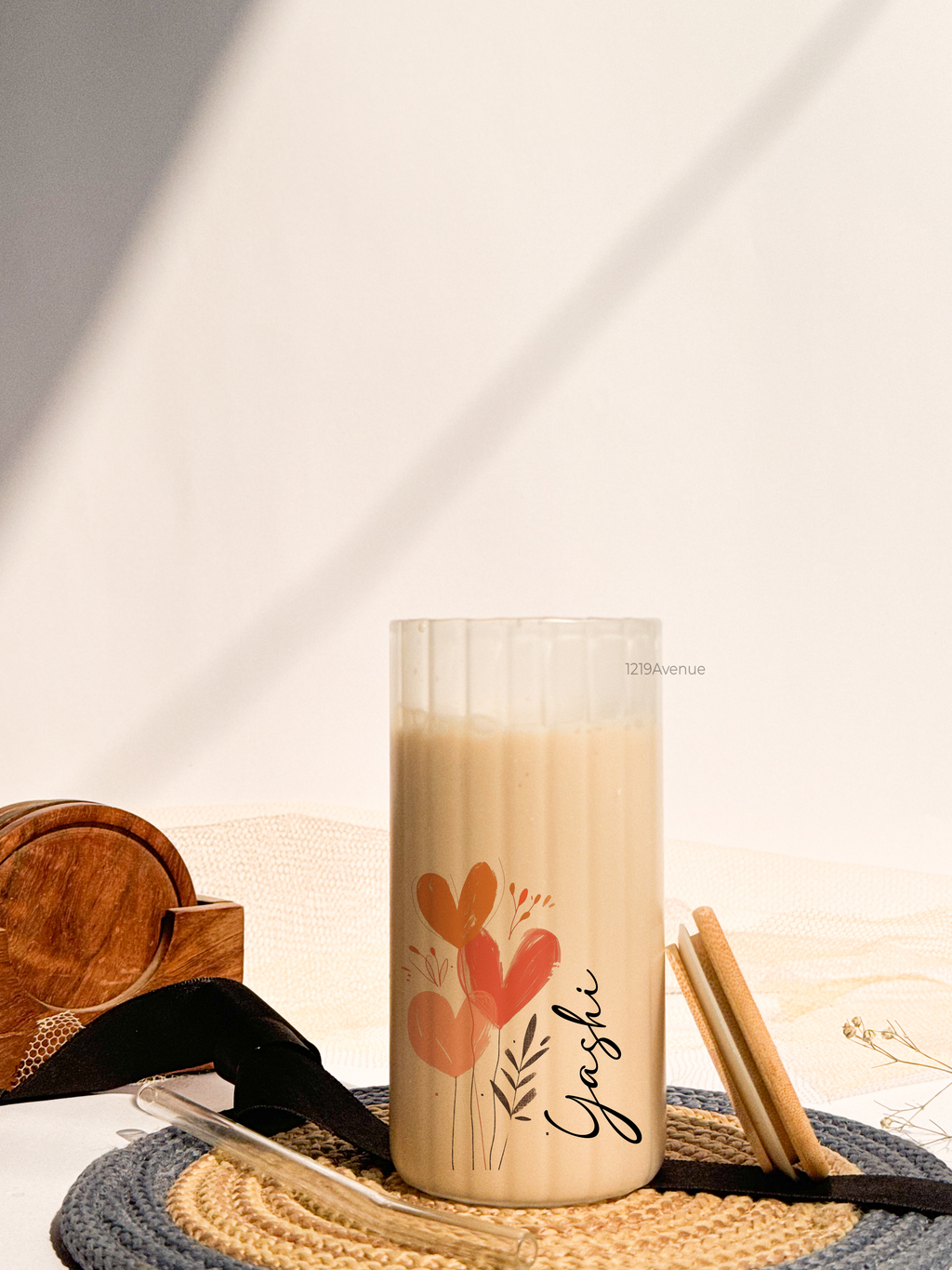 Personalized Frosted Ripple Taille Sippers 500ml|Boho Heart With Name | Coffee Fluted Glass Tumbler with straw and lid 18oz 1219 Avenue India