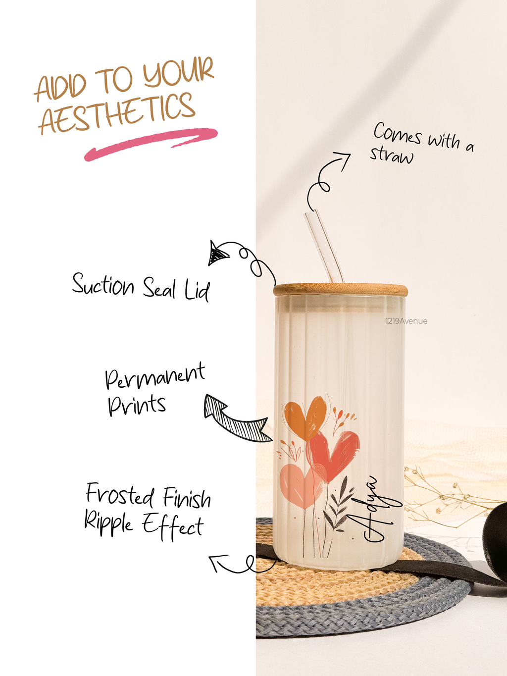 Personalized Frosted Ripple Taille Sippers 500ml|Boho Heart With Name | Coffee Fluted Glass Tumbler with straw and lid 18oz 1219 Avenue India