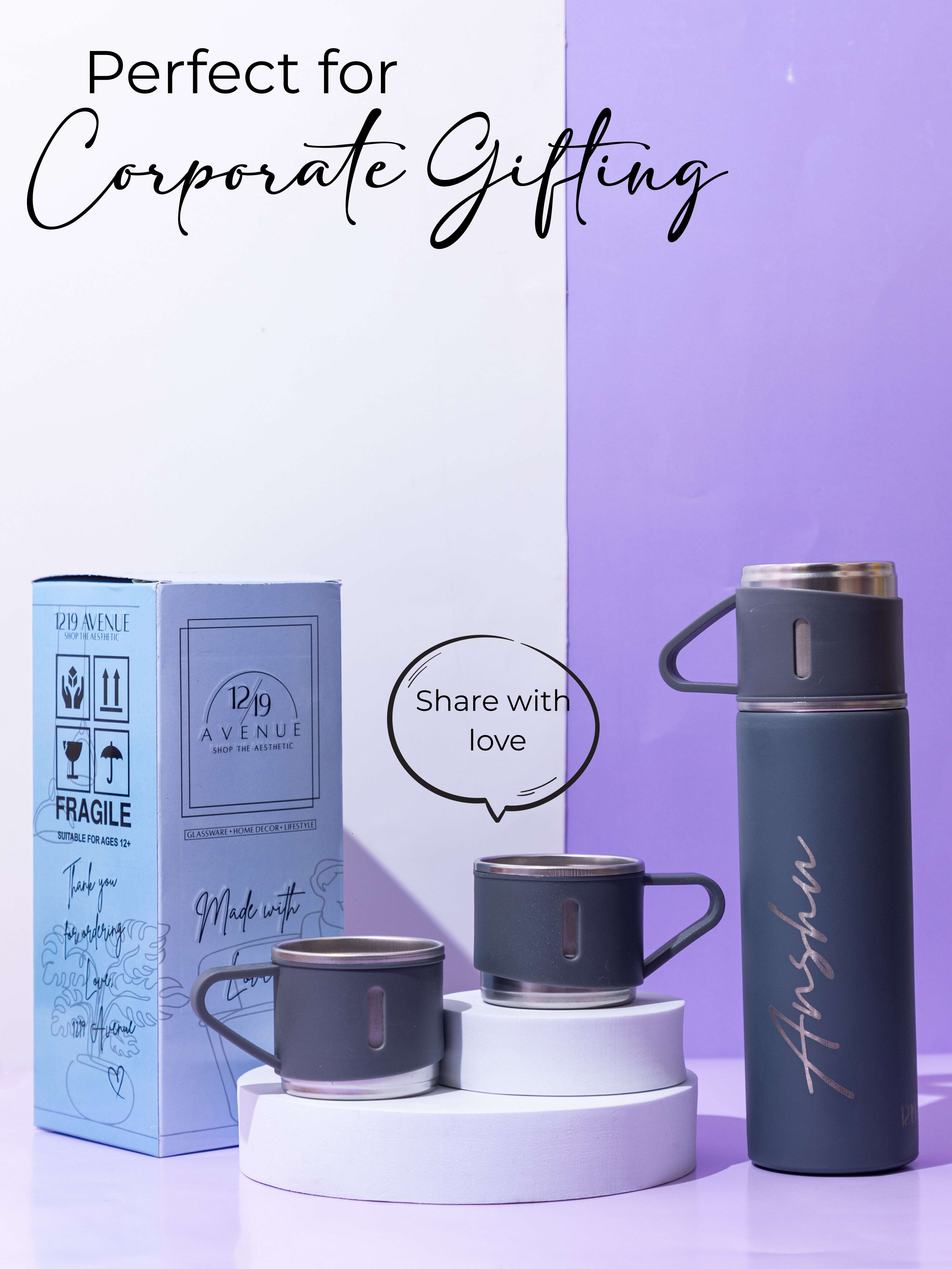 Personalized Insulated Vacuum Flask with 3 cups 1219 Avenue India