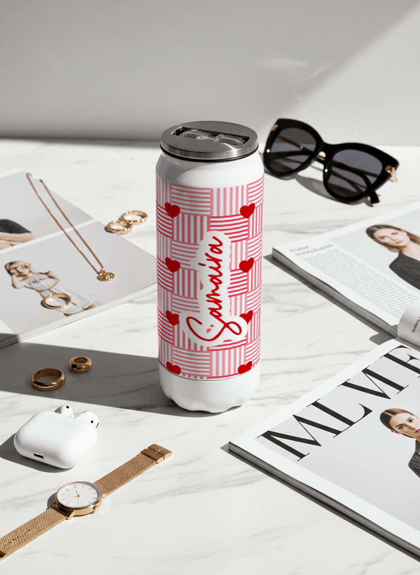 Personalized Ivora Metal Can Sipper 500 ML | Heart Quilt Print | Double Walled Hot & Cold Tumbler 1219 Avenue