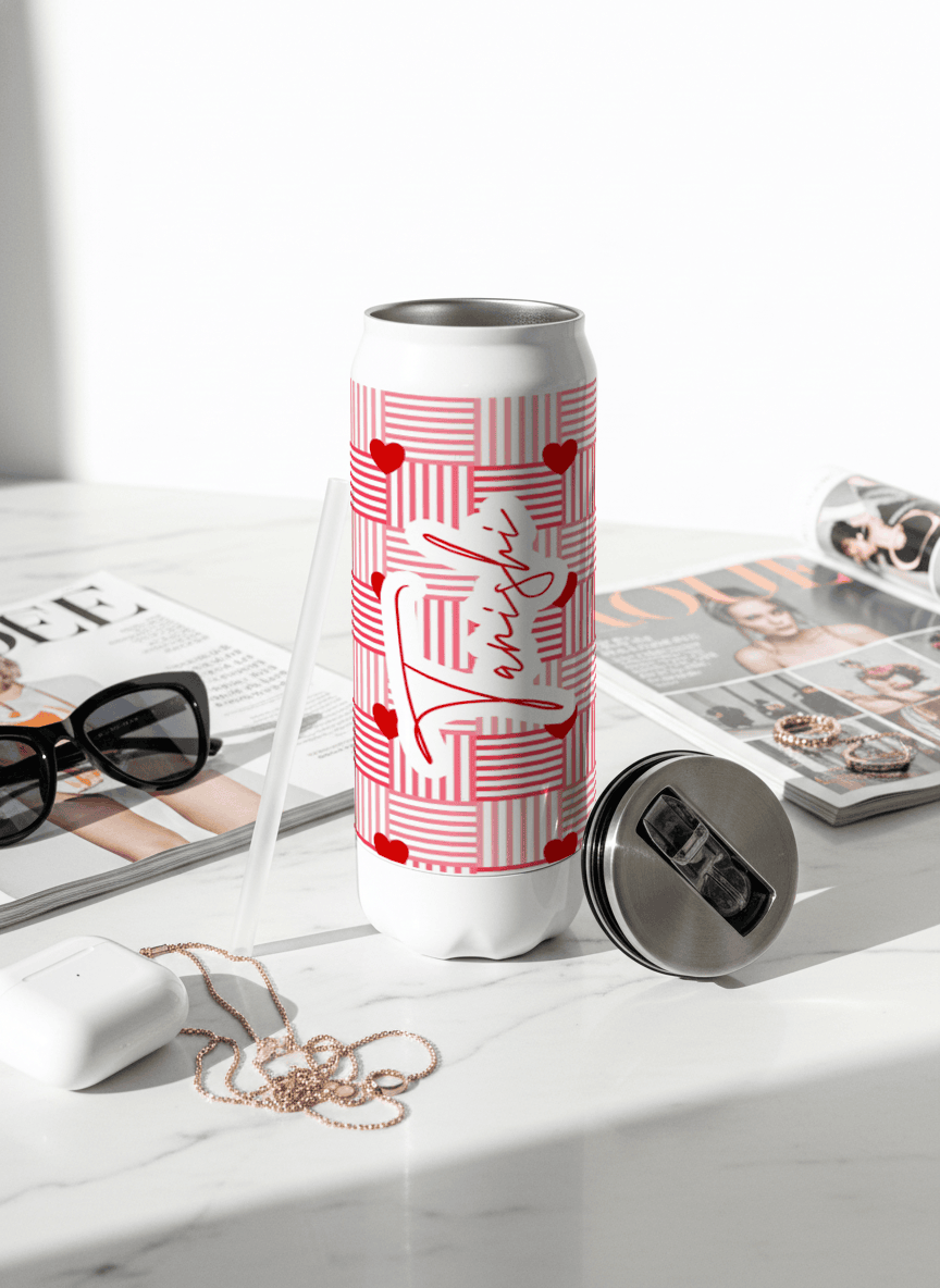 Personalized Ivora Metal Can Sipper 500 ML | Heart Quilt Print | Double Walled Hot & Cold Tumbler 1219 Avenue