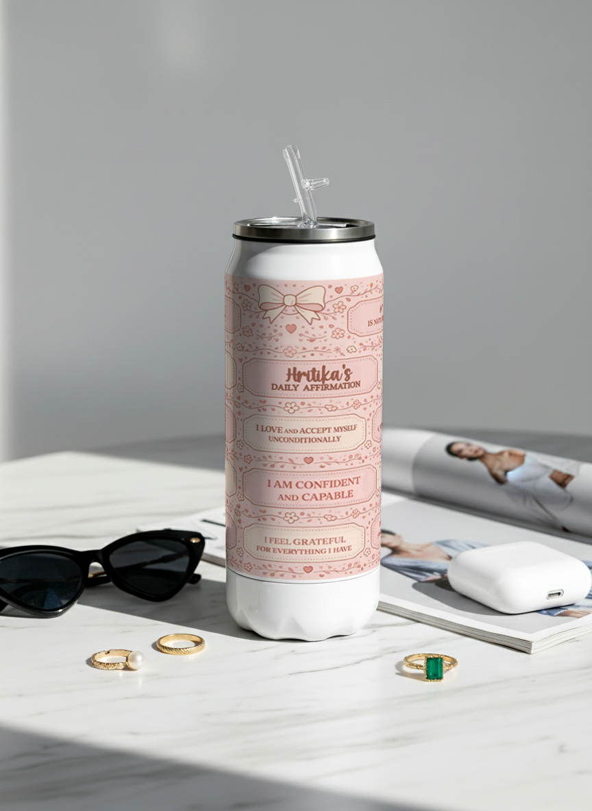 Personalized Ivora Metal Can Sipper 500 ML | Veloura Affirmations Print | Double Walled Hot & Cold Tumbler 1219 Avenue