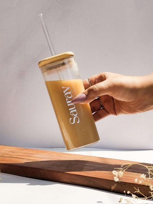 Personalized Name Squaro Sipper 450ml| Coffee Glass Tumbler with straw and lid 1219 Avenue India