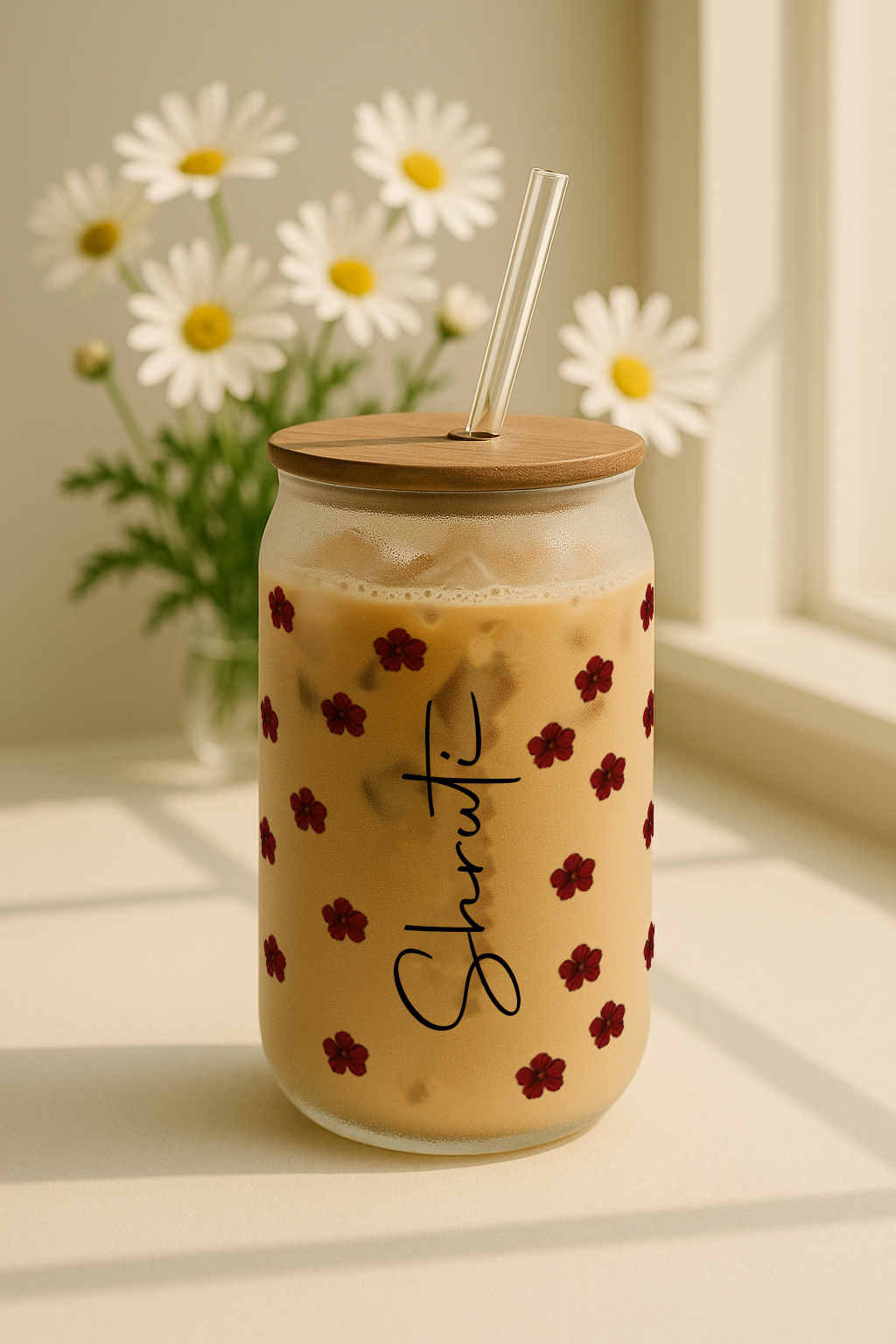 Personalized Petite Fleur Frosted Glass Can Sipper 500ml – Coffee Tumbler with Straw & Lid 1219 Avenue India