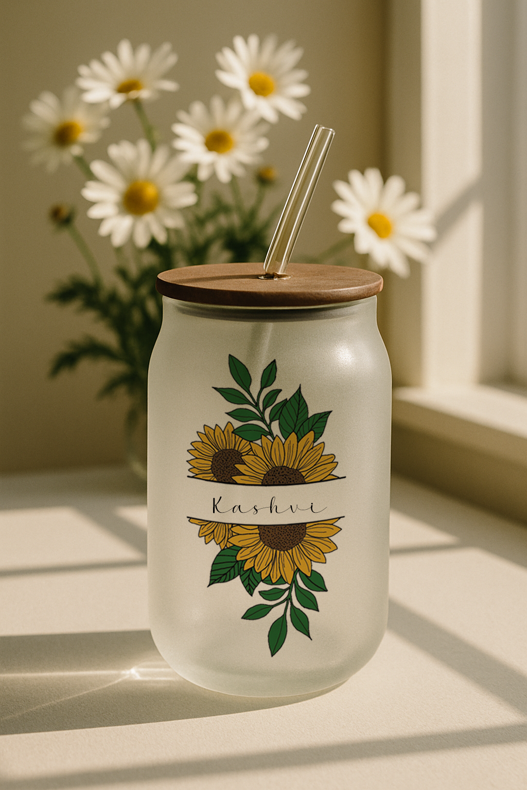 Personalized Sun Spell  Frosted Glass Can Sipper 500ml – Coffee Tumbler with Straw & Lid 1219 Avenue India