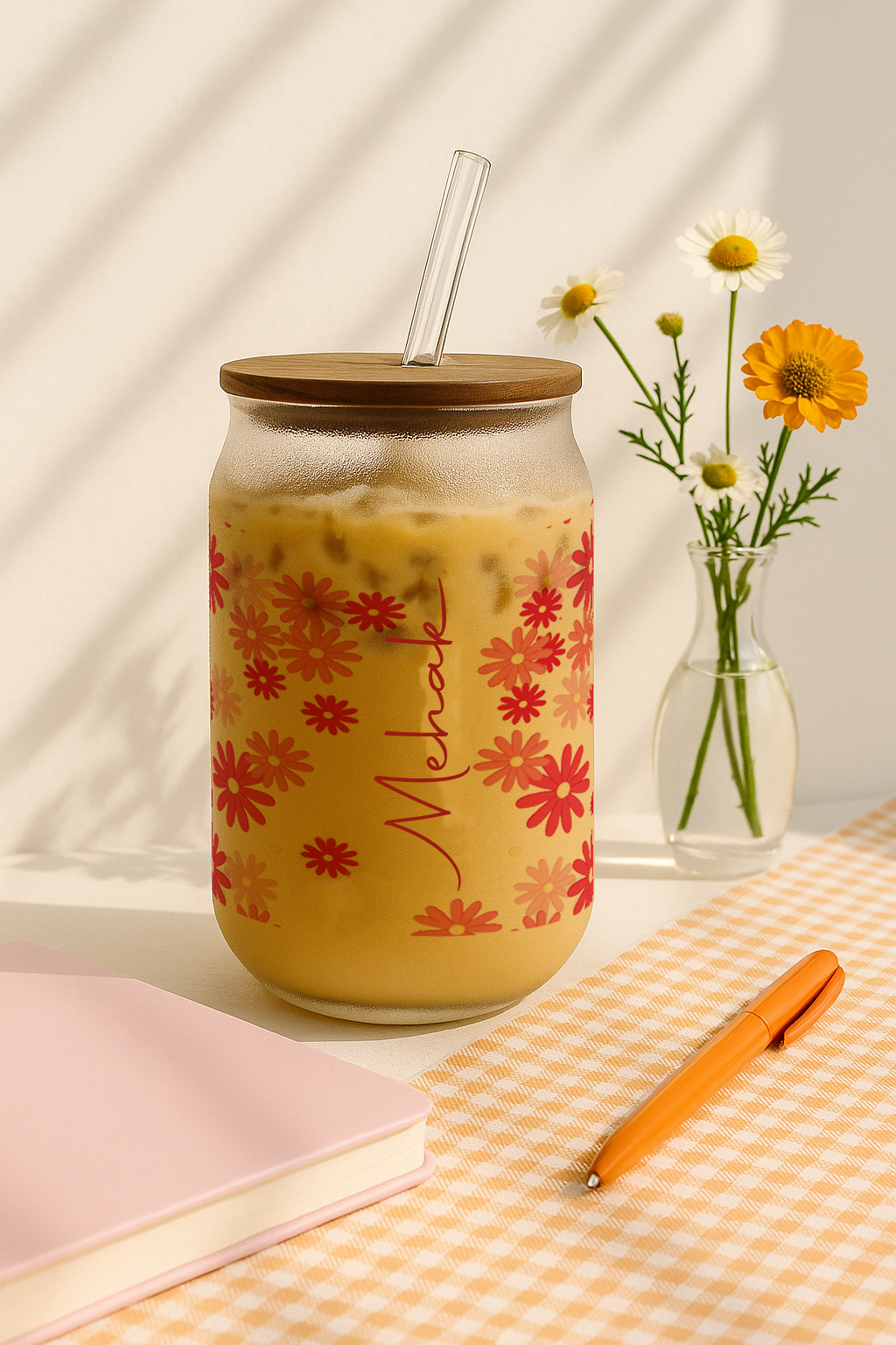 Personalized Sweet Meadow Frosted Glass Can Sipper 500ml – Coffee Tumbler with Straw & Lid 1219 Avenue India