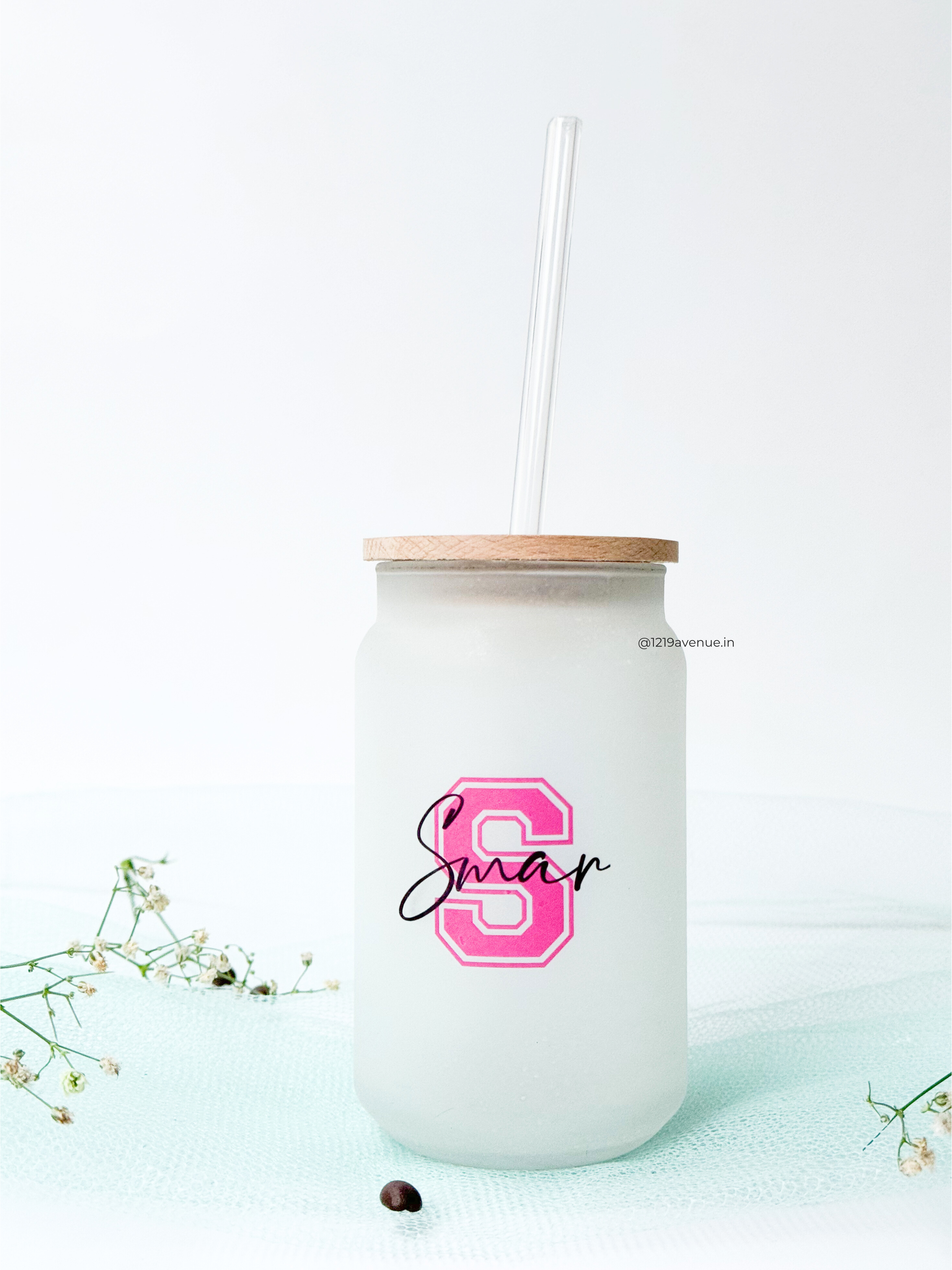 Personalized Varsity Initial Name Frosted Can Sipper 500ml| Coffee Glass Tumbler with straw and lid 22oz 1219 Avenue India