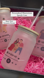 Personalized Frosted Can Sipper 500ml|Graphic Illustration with Spotify link| Coffee Glass Tumbler with straw and lid 22oz