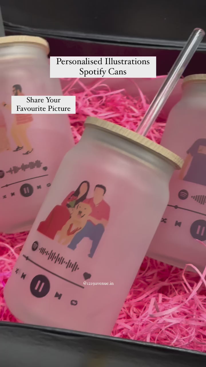 Personalized Frosted Can Sipper 500ml|Graphic Illustration with Spotify link| Coffee Glass Tumbler with straw and lid 22oz