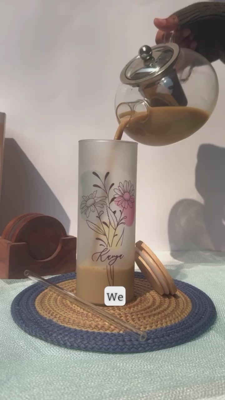 Personalized Frosted Grande Sipper 650 ml |Floral Ways | Coffee Glass Tumbler with straw and lid 22oz
