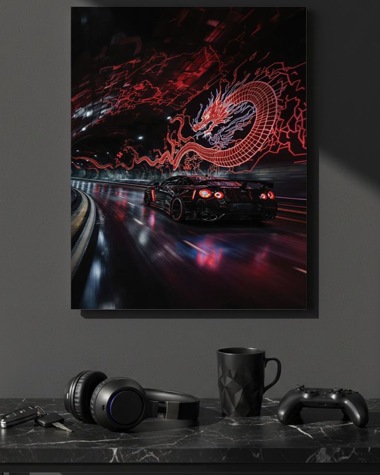 Printed 4K Ultra Gloss Metal Frame A3 Size | Dragon Night Racer Print | 1.2mm Premium Thickness Wall Frame (12x18 Inches) 1219 Avenue