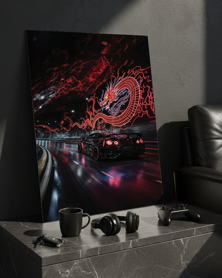 Printed 4K Ultra Gloss Metal Frame A3 Size | Dragon Night Racer Print | 1.2mm Premium Thickness Wall Frame (12x18 Inches) 1219 Avenue