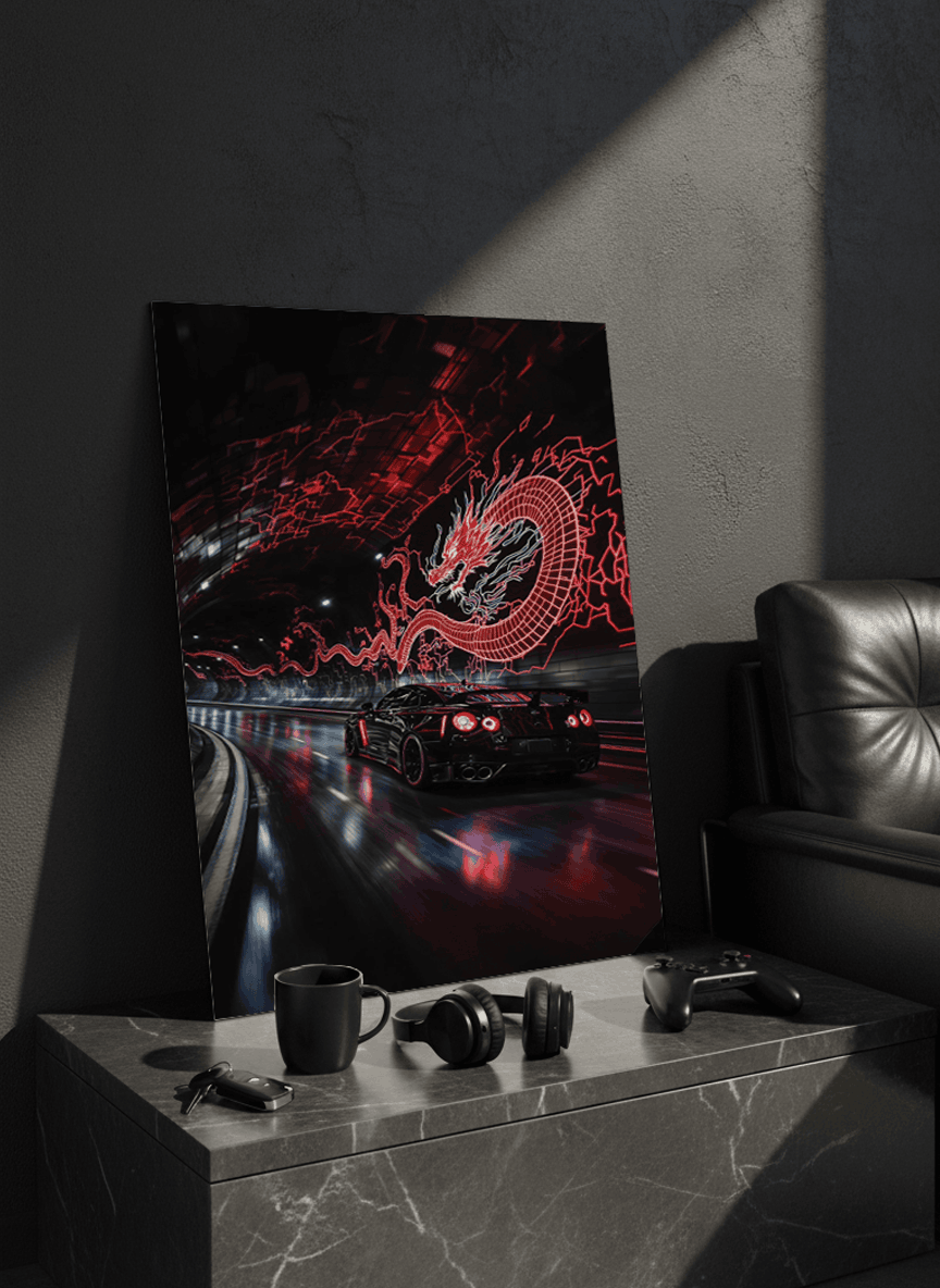 Printed 4K Ultra Gloss Metal Frame A3 Size | Dragon Night Racer Print | 1.2mm Premium Thickness Wall Frame (12x18 Inches) 1219 Avenue