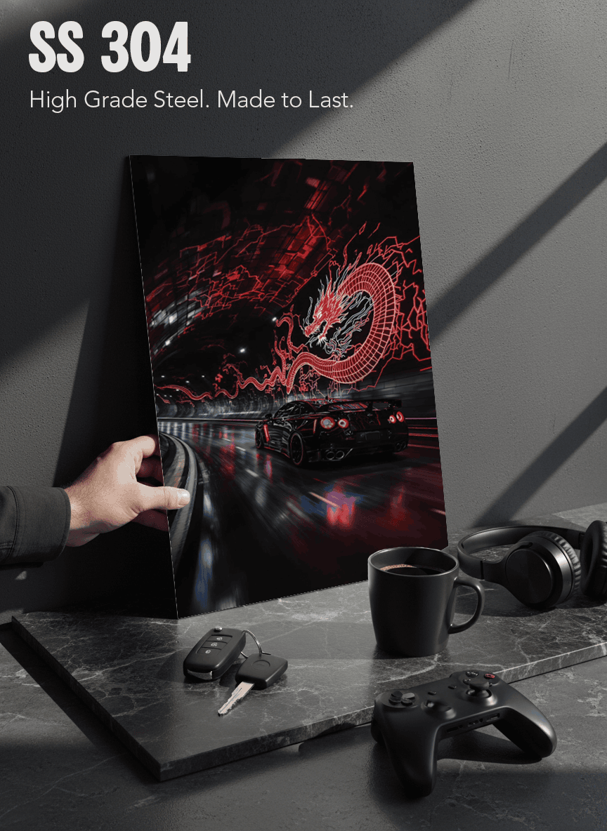 Printed 4K Ultra Gloss Metal Frame A3 Size | Dragon Night Racer Print | 1.2mm Premium Thickness Wall Frame (12x18 Inches) 1219 Avenue