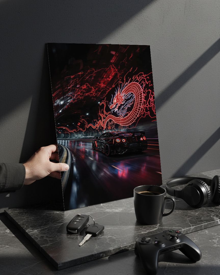 Printed 4K Ultra Gloss Metal Frame A3 Size | Dragon Night Racer Print | 1.2mm Premium Thickness Wall Frame (12x18 Inches) 1219 Avenue