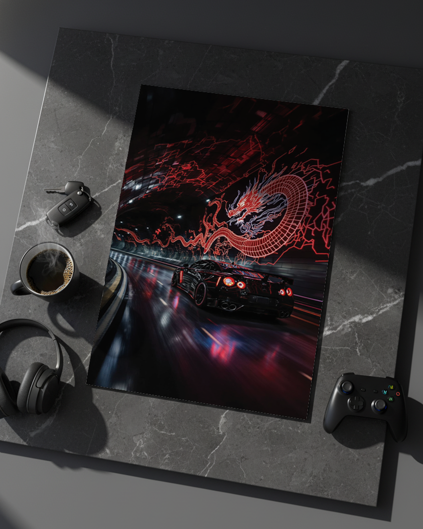 Printed 4K Ultra Gloss Metal Frame A3 Size | Dragon Night Racer Print | 1.2mm Premium Thickness Wall Frame (12x18 Inches) 1219 Avenue