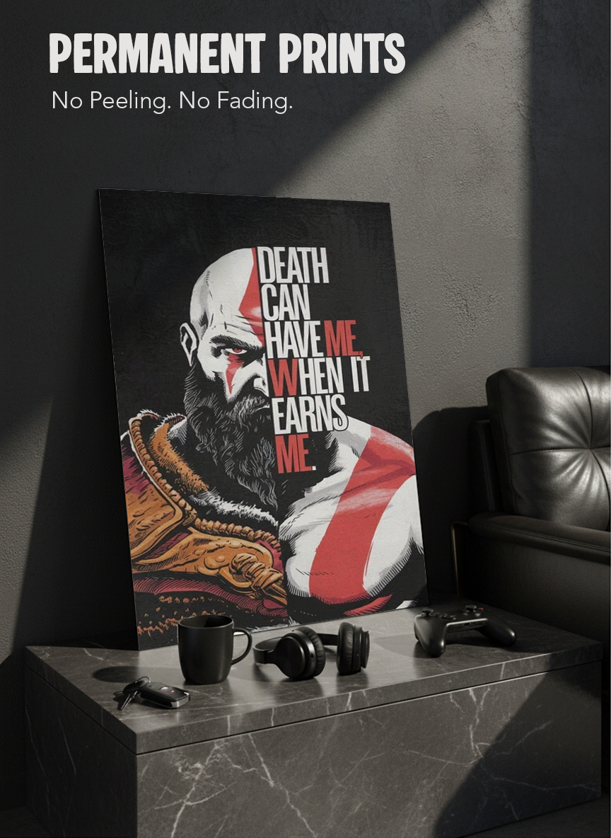 Printed 4K Ultra Gloss Metal Frame A3 Size | Kratos Warrior Spirit Print | 1.2mm Premium Thickness Wall Frame (12x18 Inches) 1219 Avenue