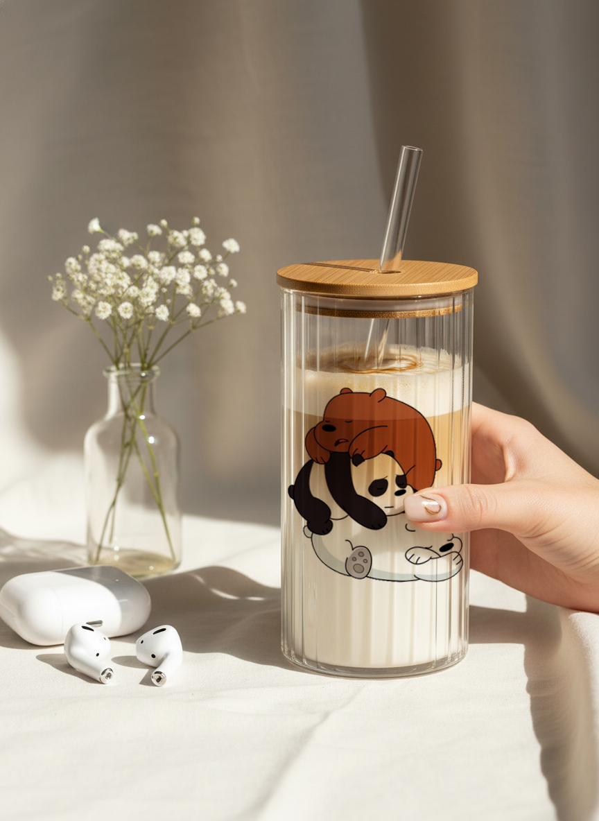 Ripple Taille Sipper 500ml| Bare Bears Print | 18oz Ripple Glass Tumbler with lid and straw 1219 Avenue India
