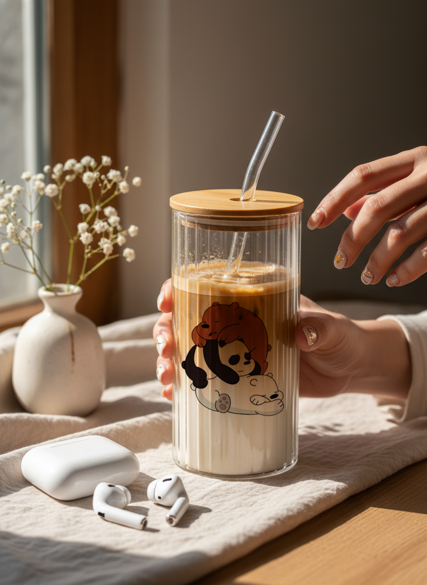 Ripple Taille Sipper 500ml| Bare Bears Print | 18oz Ripple Glass Tumbler with lid and straw 1219 Avenue India