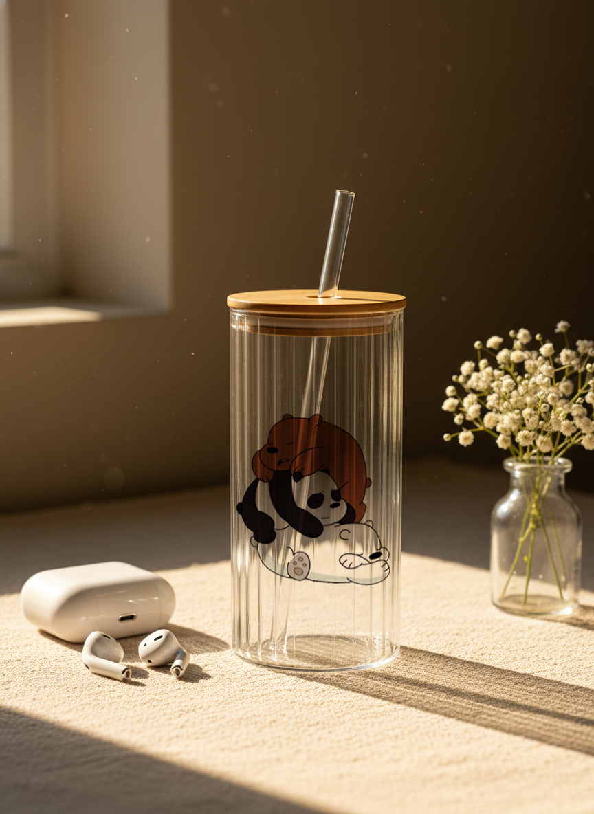 Ripple Taille Sipper 500ml| Bare Bears Print | 18oz Ripple Glass Tumbler with lid and straw 1219 Avenue India