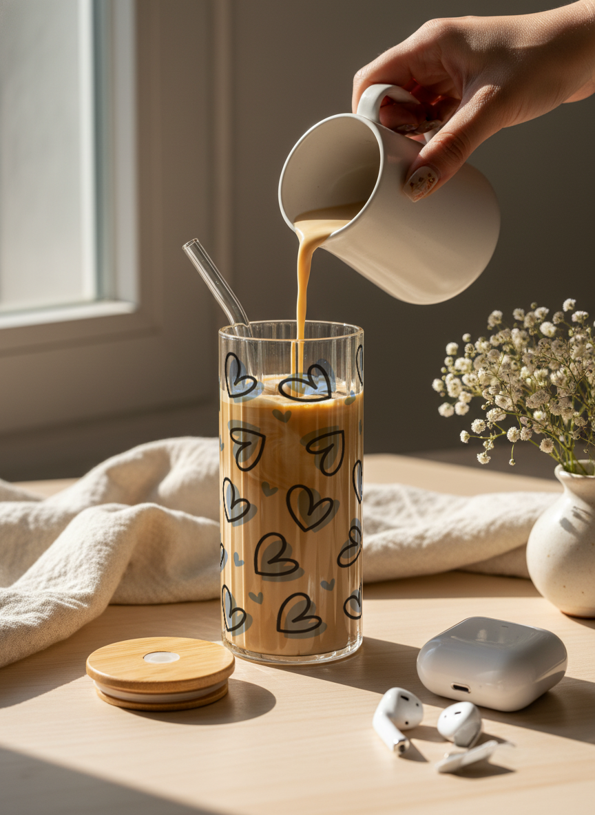 Ripple Taille Sipper 500ml| Blue Lovecore Print | 18oz Ripple Glass Tumbler with lid and straw 1219 Avenue India