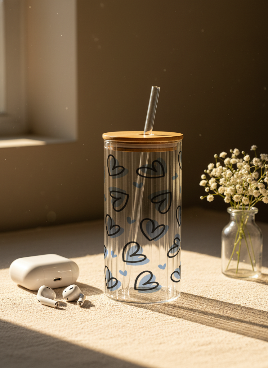 Ripple Taille Sipper 500ml| Blue Lovecore Print | 18oz Ripple Glass Tumbler with lid and straw 1219 Avenue India
