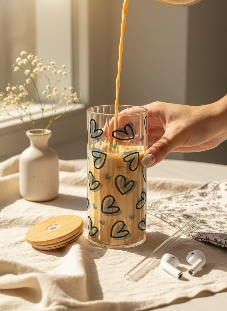 Ripple Taille Sipper 500ml| Blue Lovecore Print | 18oz Ripple Glass Tumbler with lid and straw 1219 Avenue India