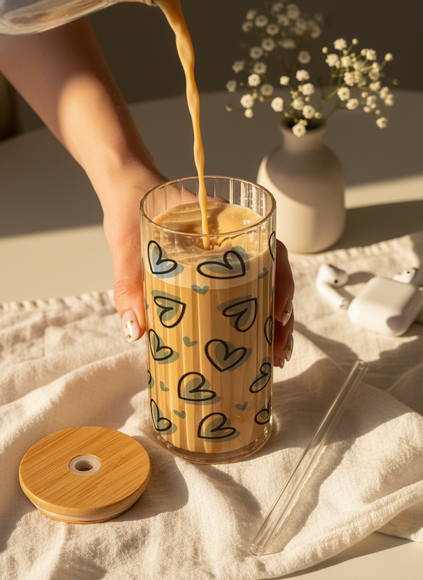 Ripple Taille Sipper 500ml| Blue Lovecore Print | 18oz Ripple Glass Tumbler with lid and straw 1219 Avenue India