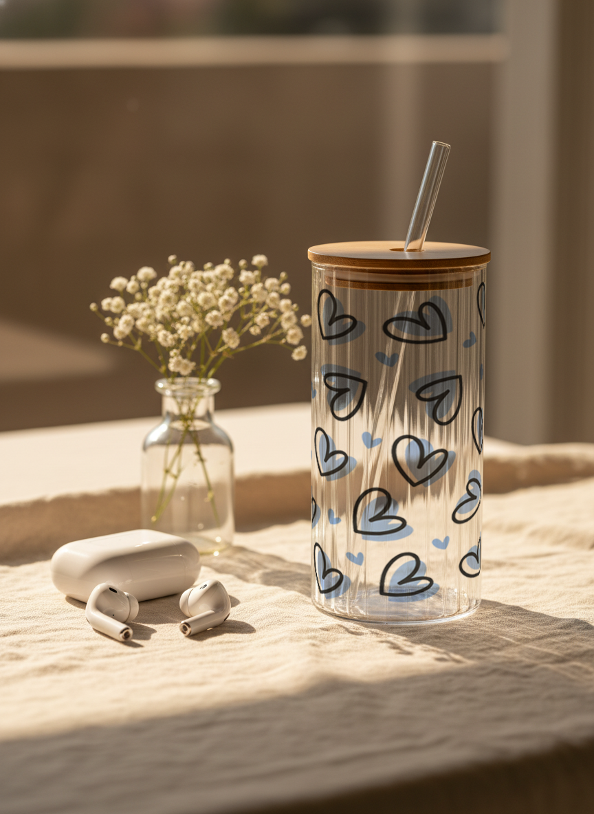 Ripple Taille Sipper 500ml| Blue Lovecore Print | 18oz Ripple Glass Tumbler with lid and straw 1219 Avenue India