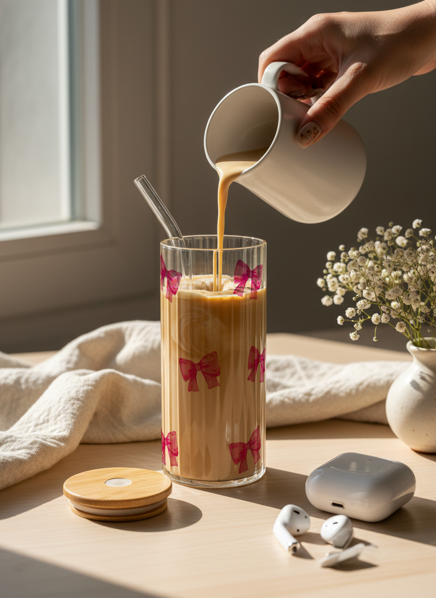 Ripple Taille Sipper 500ml| Bows All Over Print | 18oz Ripple Glass Tumbler with lid and straw 1219 Avenue India