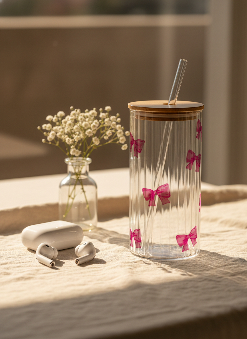 Ripple Taille Sipper 500ml| Bows All Over Print | 18oz Ripple Glass Tumbler with lid and straw 1219 Avenue India