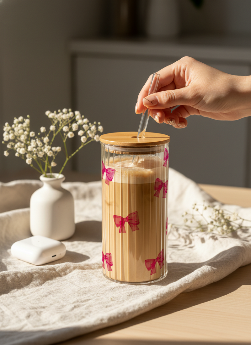 Ripple Taille Sipper 500ml| Bows All Over Print | 18oz Ripple Glass Tumbler with lid and straw 1219 Avenue India