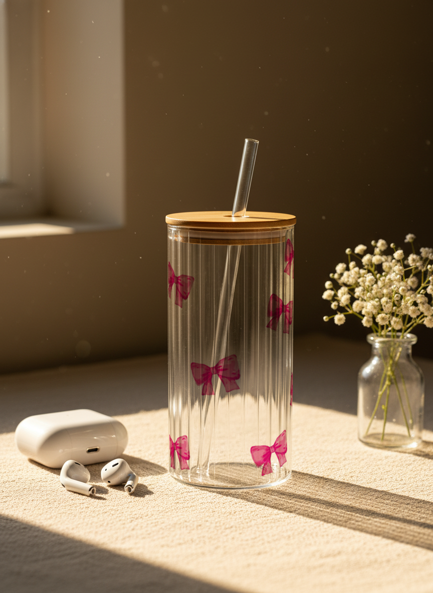 Ripple Taille Sipper 500ml| Bows All Over Print | 18oz Ripple Glass Tumbler with lid and straw 1219 Avenue India
