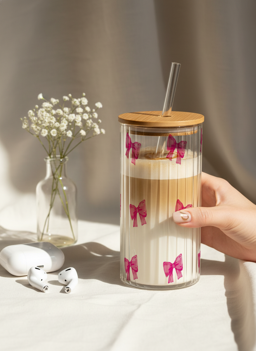 Ripple Taille Sipper 500ml| Bows All Over Print | 18oz Ripple Glass Tumbler with lid and straw 1219 Avenue India