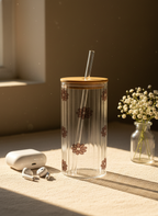 Ripple Taille Sipper 500ml| Brown Flower All Over Print | 18oz Ripple Glass Tumbler with lid and straw 1219 Avenue India