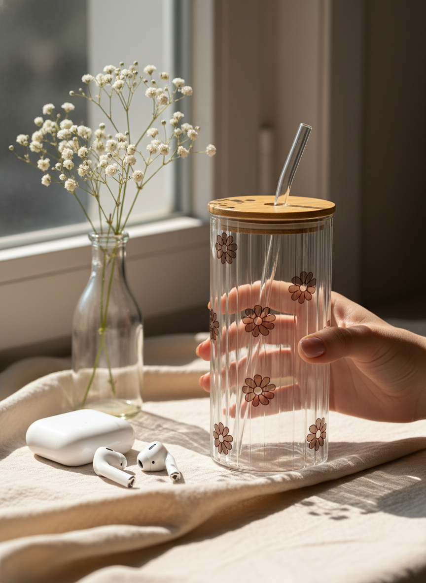 Ripple Taille Sipper 500ml| Brown Flower All Over Print | 18oz Ripple Glass Tumbler with lid and straw 1219 Avenue India