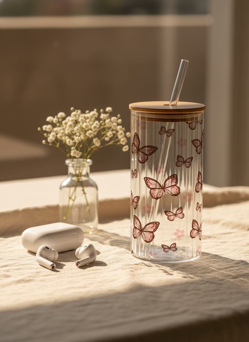 Ripple Taille Sipper 500ml| Butterfly Bliss Print | 18oz Ripple Glass Tumbler with lid and straw 1219 Avenue India