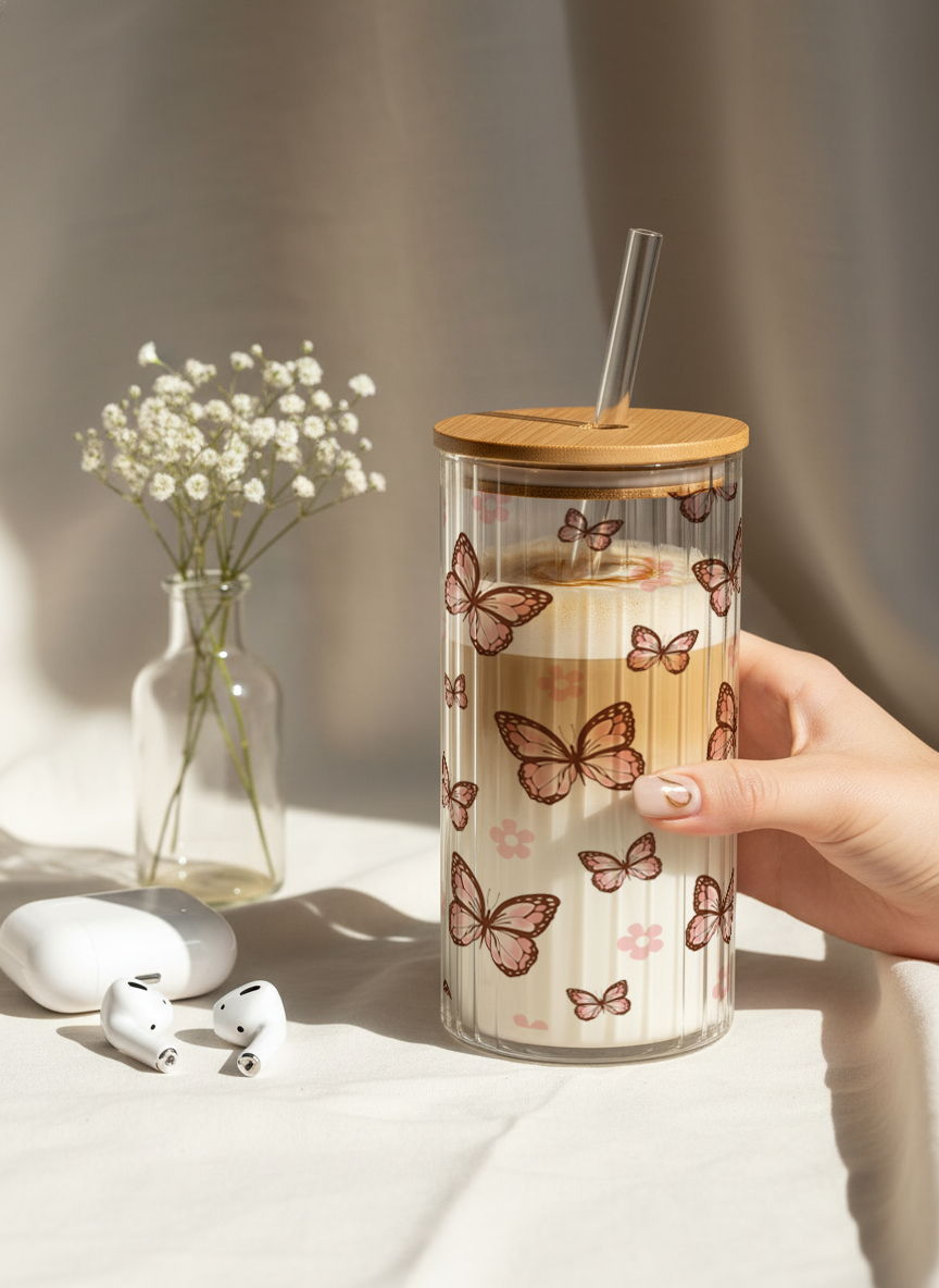 Ripple Taille Sipper 500ml| Butterfly Bliss Print | 18oz Ripple Glass Tumbler with lid and straw 1219 Avenue India