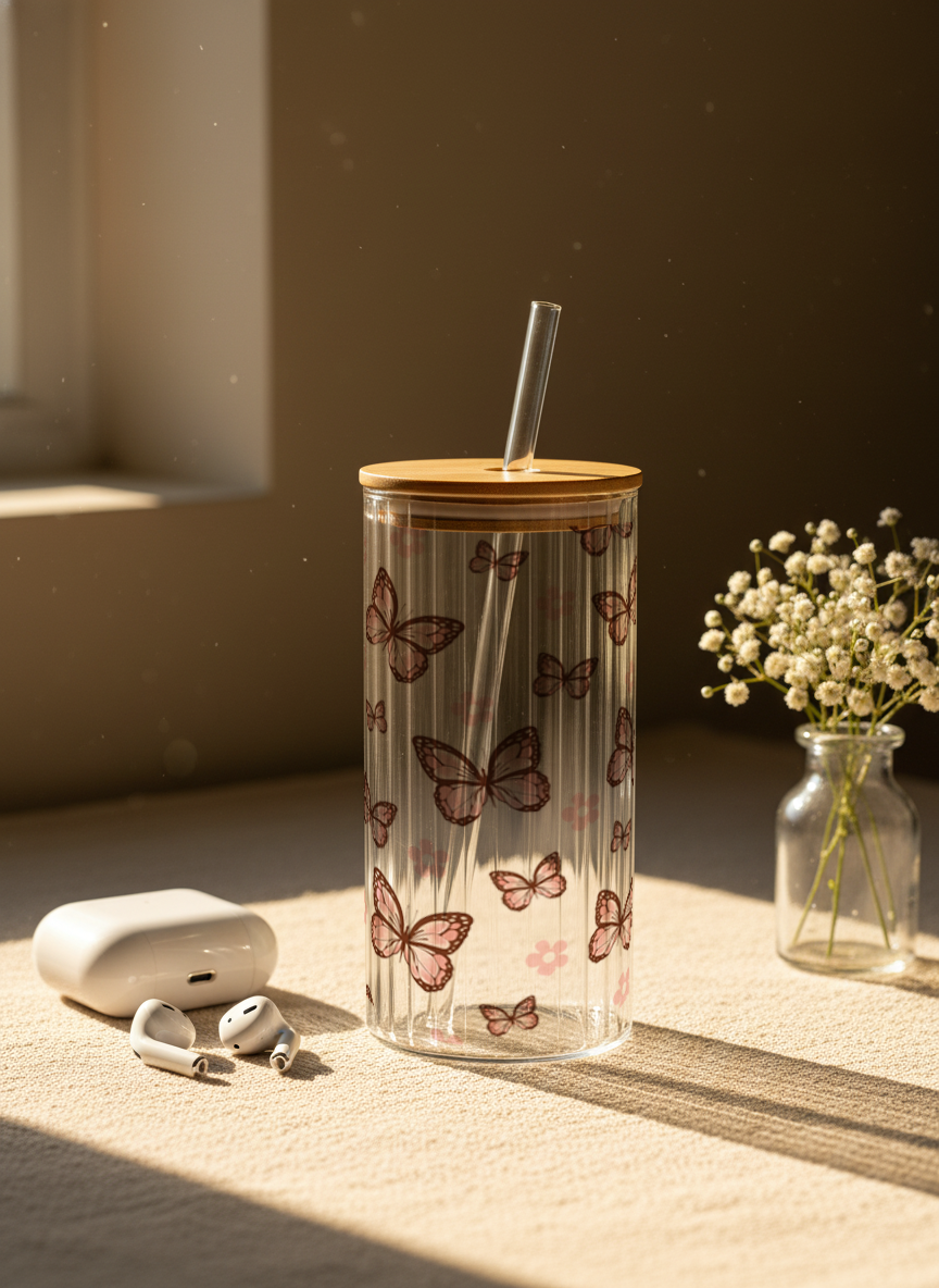 Ripple Taille Sipper 500ml| Butterfly Bliss Print | 18oz Ripple Glass Tumbler with lid and straw 1219 Avenue India