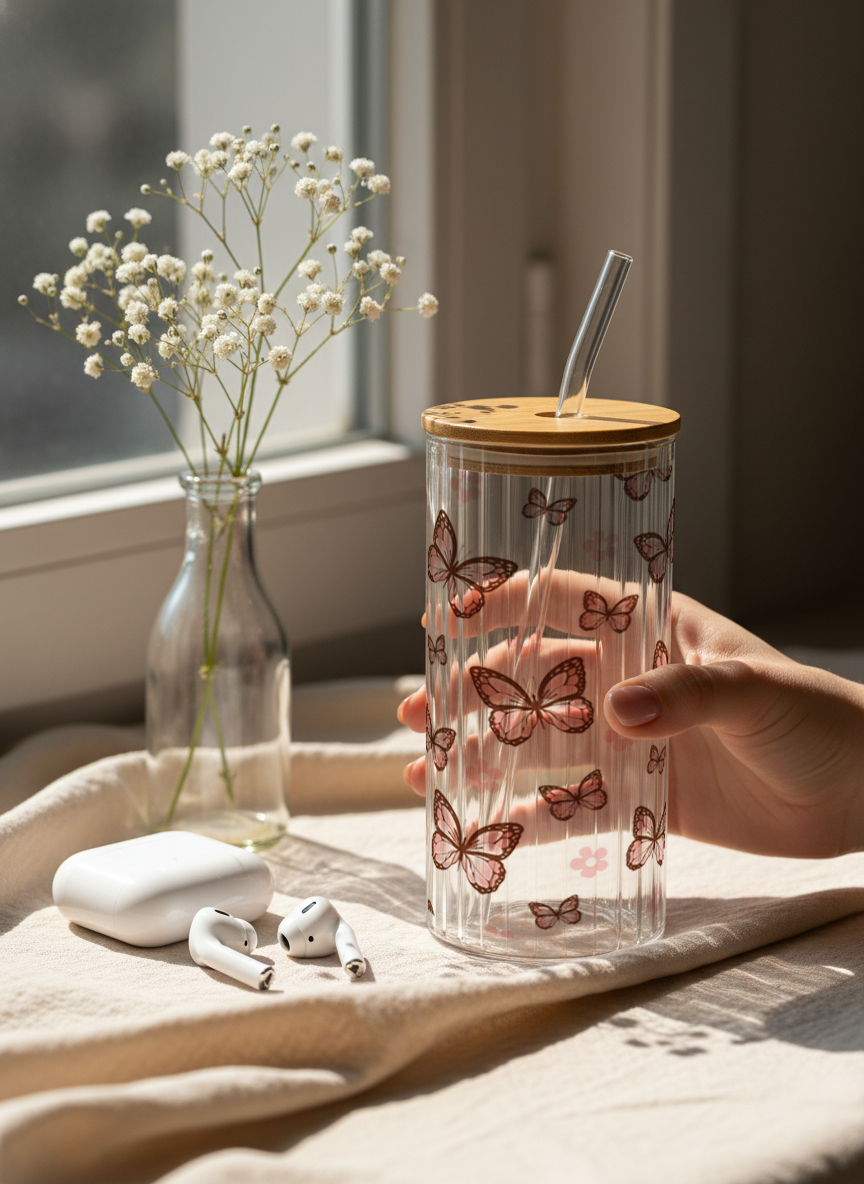 Ripple Taille Sipper 500ml| Butterfly Bliss Print | 18oz Ripple Glass Tumbler with lid and straw 1219 Avenue India