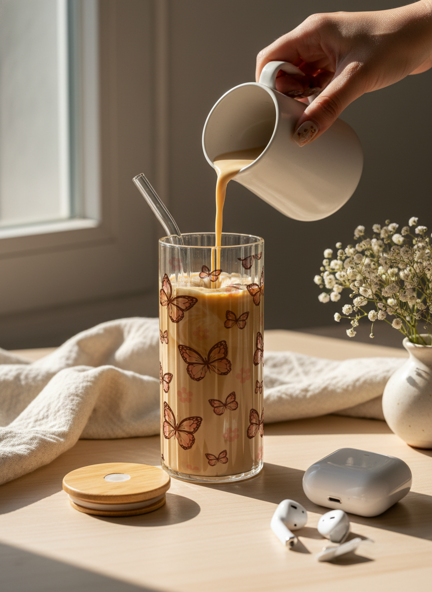 Ripple Taille Sipper 500ml| Butterfly Bliss Print | 18oz Ripple Glass Tumbler with lid and straw 1219 Avenue India