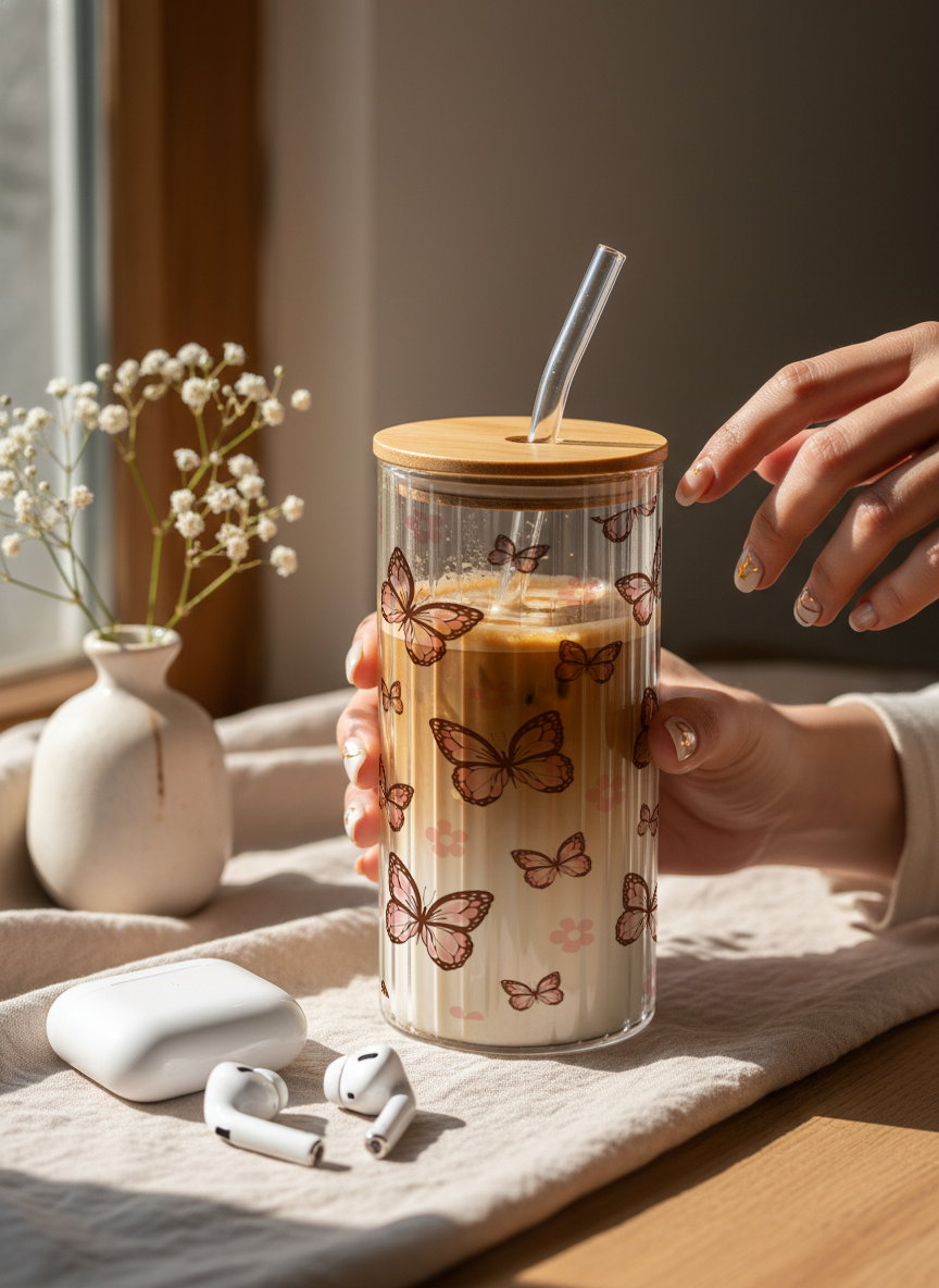Ripple Taille Sipper 500ml| Butterfly Bliss Print | 18oz Ripple Glass Tumbler with lid and straw 1219 Avenue India